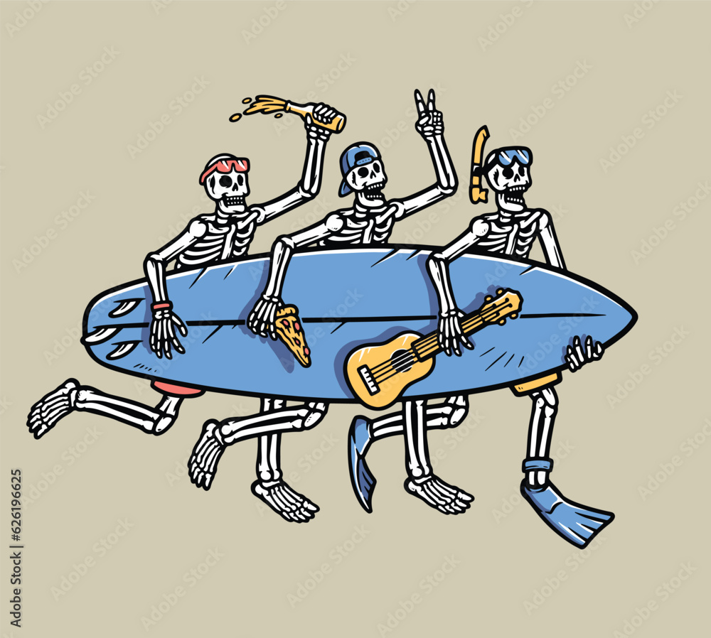 three skulls carrying surfboards on the beach