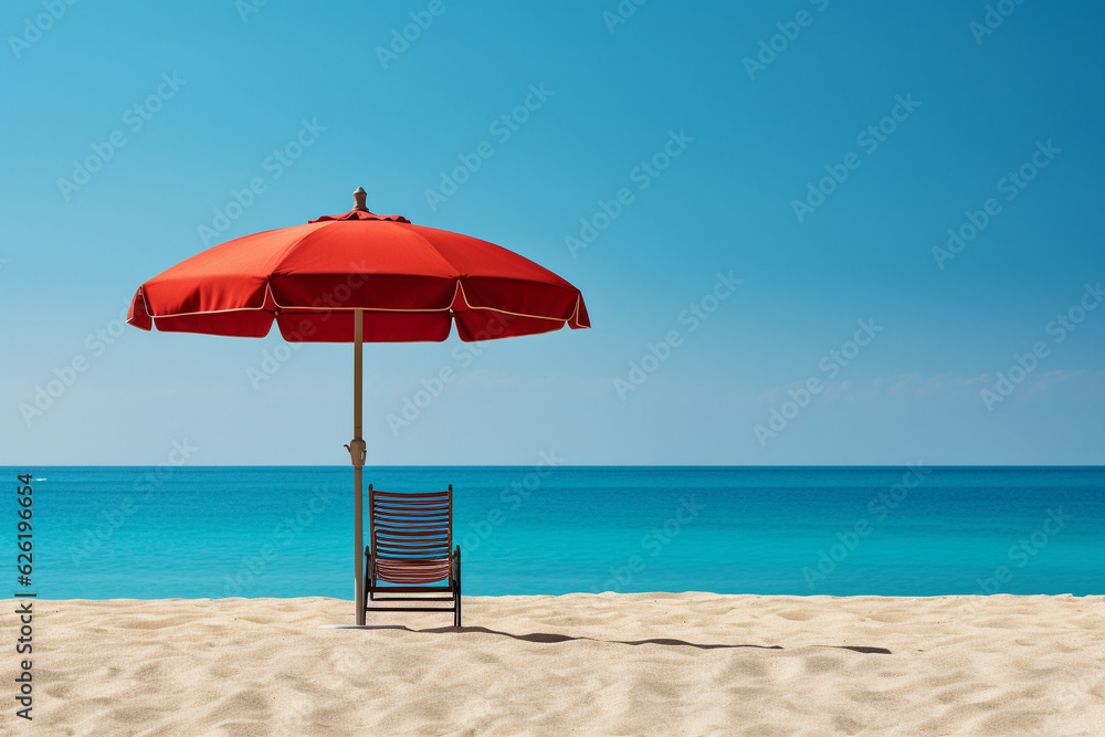 Red umbrella next to a comfortable chair on a turquoise beach, inviting viewers to indulge in the tranquil ambiance of a beachside getaway. Ai generated