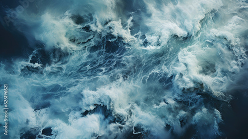 An aerial view of the storm-tossed sea, the waves forming a chaotic pattern of white foam and dark water.