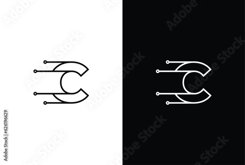 Letter C tech letter design. Technology abstract dot connection cross vector logo icon circle logotype.