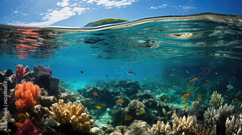 A vibrant coral reef under crystal-clear waters, teeming with a kaleidoscope of colorful fish.