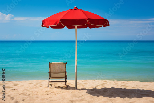 Red umbrella next to a comfortable chair on a turquoise beach  inviting viewers to indulge in the tranquil ambiance of a beachside getaway. Ai generated