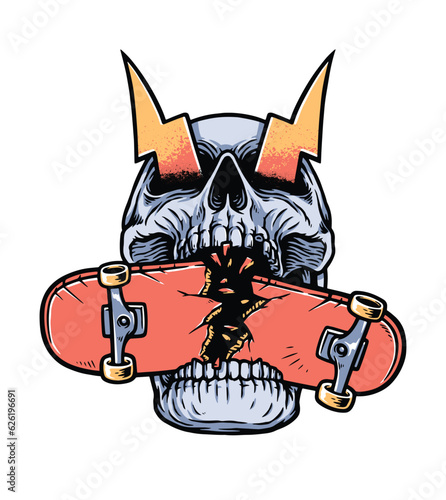 skull with skateboard in mouth