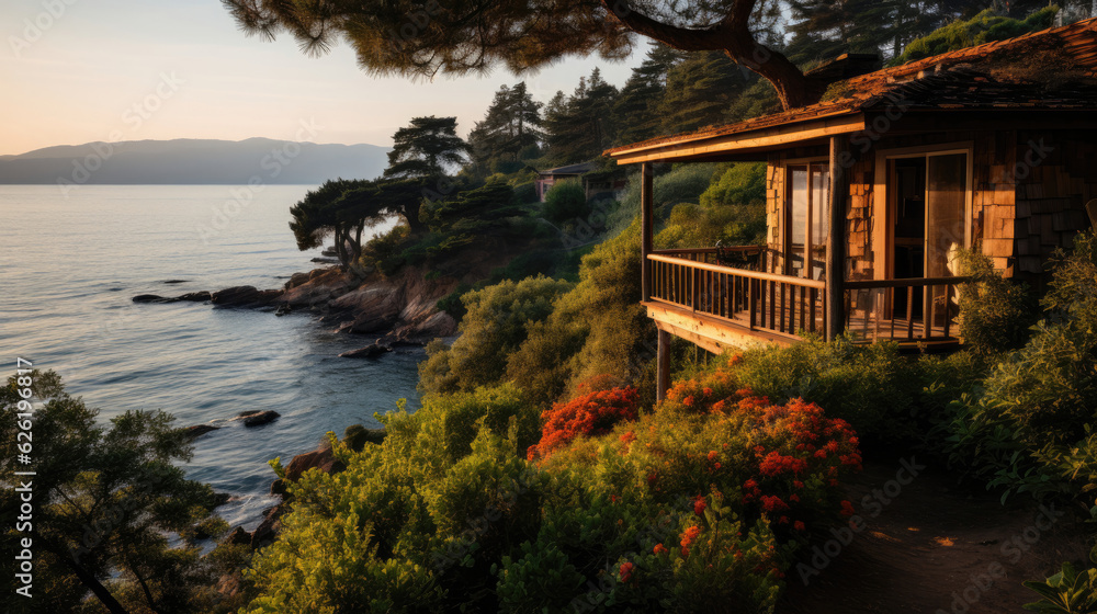 An isolated coastal cabin overlooking a serene bay, surrounded by lush greenery and a tranquil sea. An isolated coastal cabin overlooking a serene bay, surrounded by lush greenery and a tranquil sea.