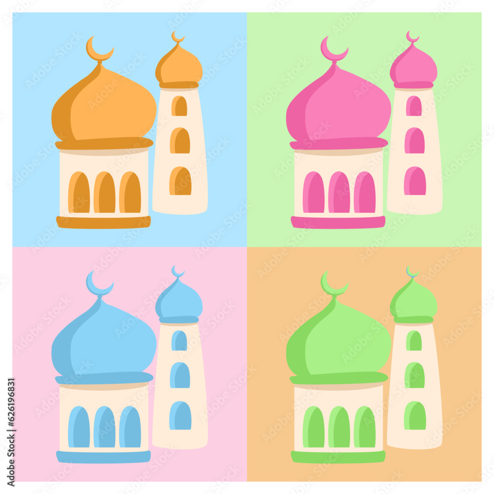Set of cute mosque cartoon. 