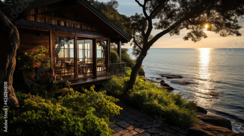 An isolated coastal cabin overlooking a serene bay, surrounded by lush greenery and a tranquil sea.