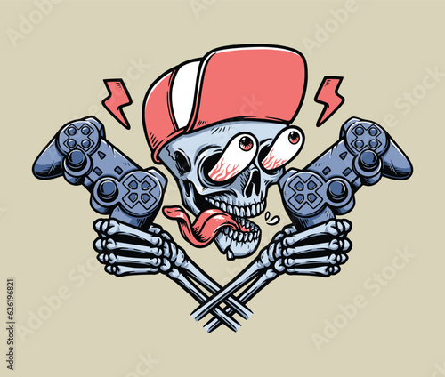skull holding game controller illustration