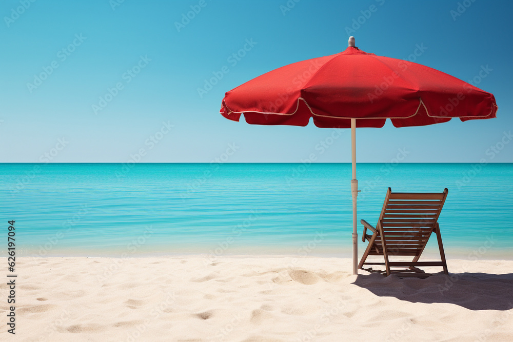 Red umbrella next to a comfortable chair on a turquoise beach, inviting viewers to indulge in the tranquil ambiance of a beachside getaway. Ai generated Red umbrella next to a comfortable chair on a turquoise beach, inviting viewers to indulge in the tranquil ambiance of a beachside getaway. Ai generated
