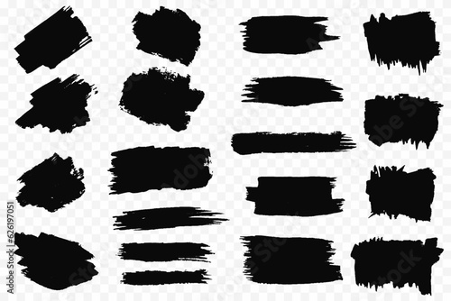 Set of vector brushes. Black brush stroke. Text frames and grunge patches.