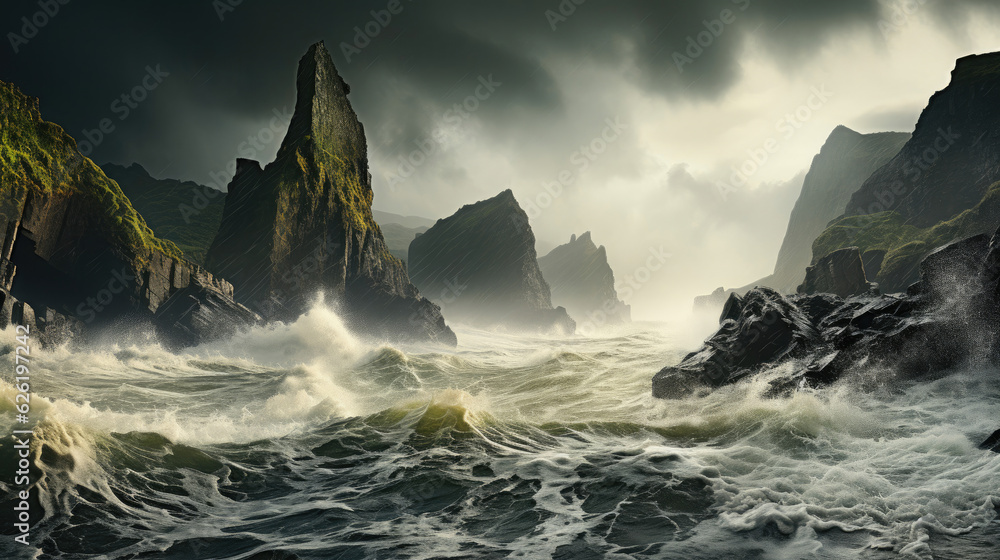 Harsh waves relentlessly crashing into craggy, weather-beaten cliffs under a stormy sky.