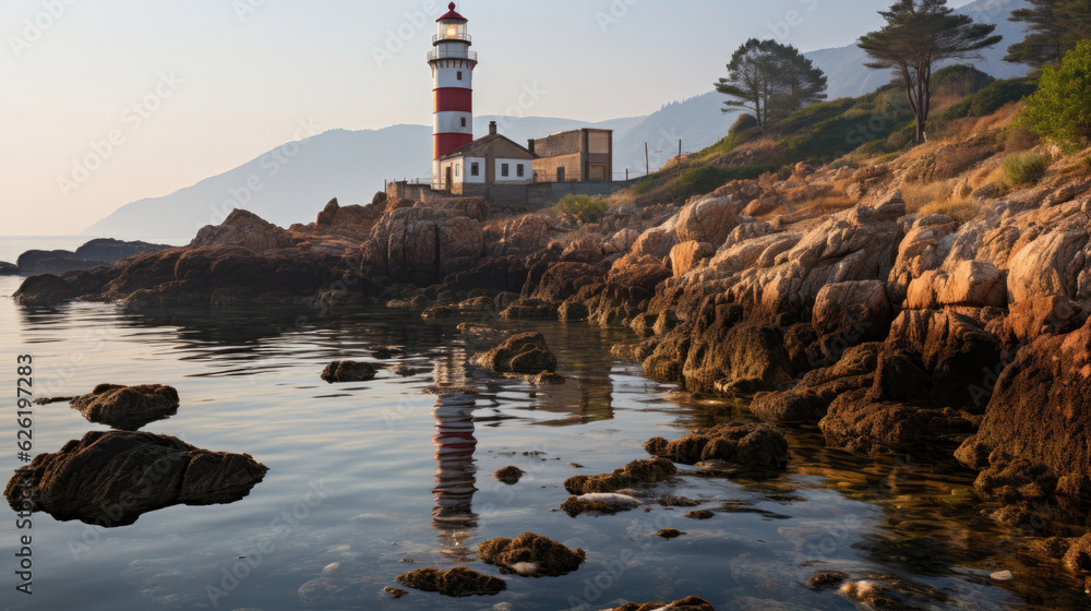 Obraz premium A tranquil view of a lighthouse perched on a rocky promontory, its beam cutting through the twilight haze.