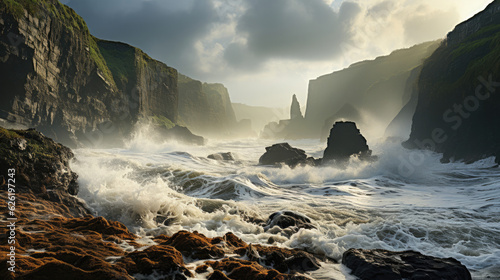 Photo Harsh waves relentlessly crashing into craggy, weather-beaten cliffs under a stormy sky