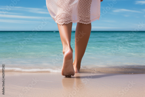 Woman's feet gracefully walking on a tranquil beach, leaving imprints in the soft, beautiful sand as sea waves gently caress the shoreline.Ai generated