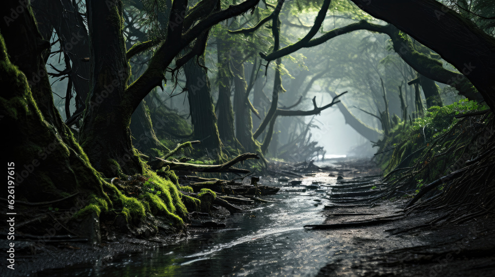 The dramatic spectacle of a coastal forest battered by a hurricane, the trees bending under the sheer force of the wind. The dramatic spectacle of a coastal forest battered by a hurricane, the trees bending under the sheer force of the wind.
