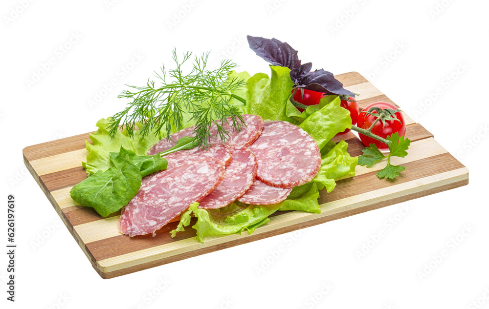 Sausages with salad and basil