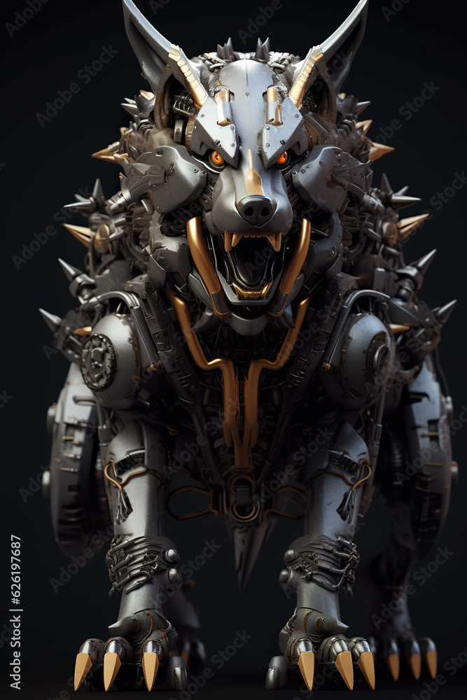 A close up of a statue of a dog. Evil steampunk statue or mechanical creature. A close up of a statue of a dog. Evil steampunk statue or mechanical creature.