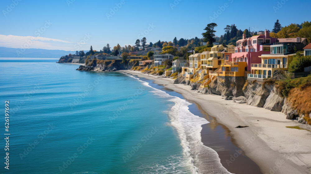 A picturesque coastal scene with colorful beach houses perched on a cliff, overlooking a serene bay.