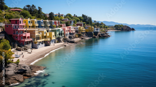 A picturesque coastal scene with colorful beach houses perched on a cliff, overlooking a serene bay.