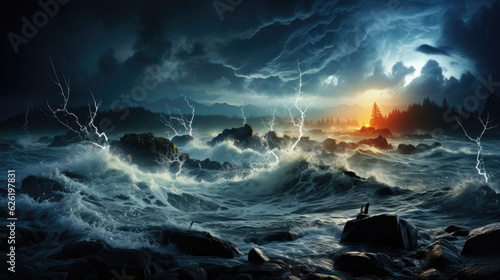 A rocky coast during a thunderstorm, lightning striking the sea and illuminating the frothy waves.