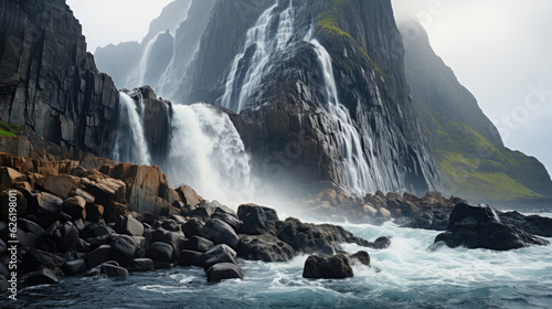 A dramatic waterfall cascading into the ocean, creating a veil of mist around the rugged cliff face.