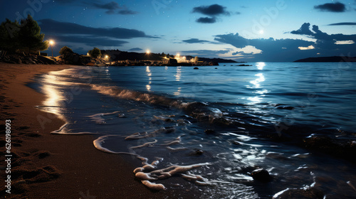 The rhythmic ebb and flow of waves on a moonlit beach, the sea sparkling under the starry night.