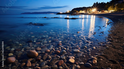 The rhythmic ebb and flow of waves on a moonlit beach, the sea sparkling under the starry night.