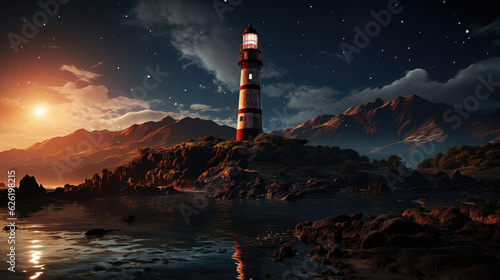 A tranquil scene of a lighthouse standing tall on a cliff, its beam illuminating the sea under a starry sky.