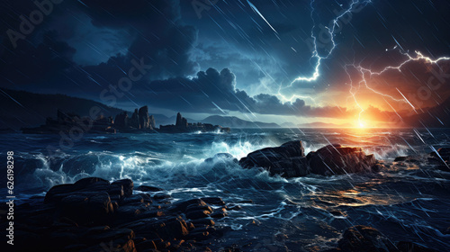 A lightning storm illuminating the dark coast, the flashes reflecting in the turbulent sea.
