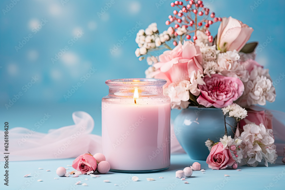 Pink candle in a glass jar surrounded by fresh flowers