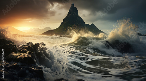 A jagged shoreline of basalt columns being relentlessly pounded by monstrous waves under a dark, cloudy sky.