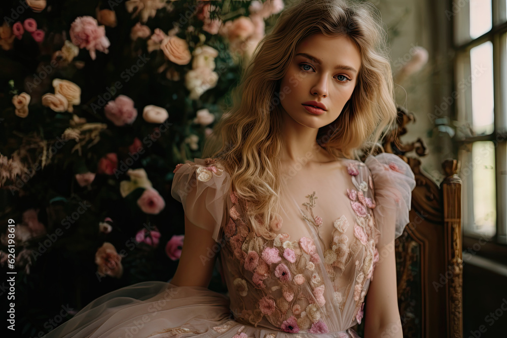 Bridal portraits against a backdrop of blooming roses and ivy