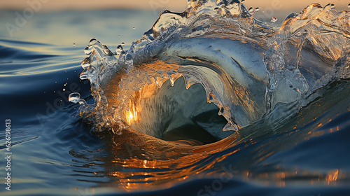 Photographie A solitary wave in the open sea, captured in the warm glow of the evening sun