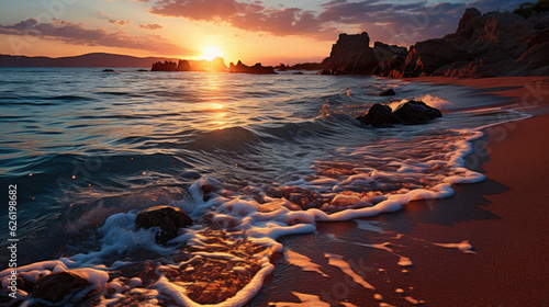 An unspoiled beach with the radiant sun setting over the calm sea, the horizon ablaze with vibrant hues.