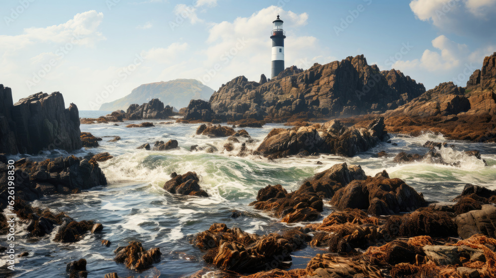 A distant, lonely lighthouse perched on a rocky outcrop, standing sentinel over a frothy, churning sea.