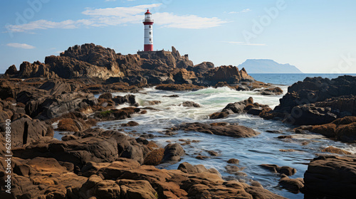 A distant, lonely lighthouse perched on a rocky outcrop, standing sentinel over a frothy, churning sea.