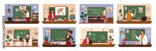 School teachers. Professor at classroom blackboard. Lecture or studying presentation. People teaching physics and mathematics. Educational lessons set. Vector tidy flat illustration