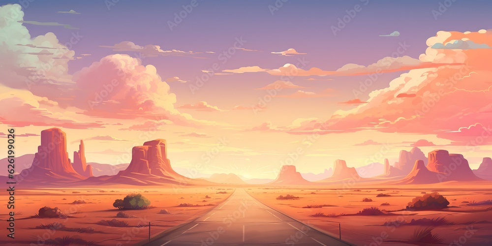Naklejka premium AI Generated. AI Generative. Outdoor nature wild wind sand road on desert landscape background. Adventure travel journey road trip vibe. Graphic Art