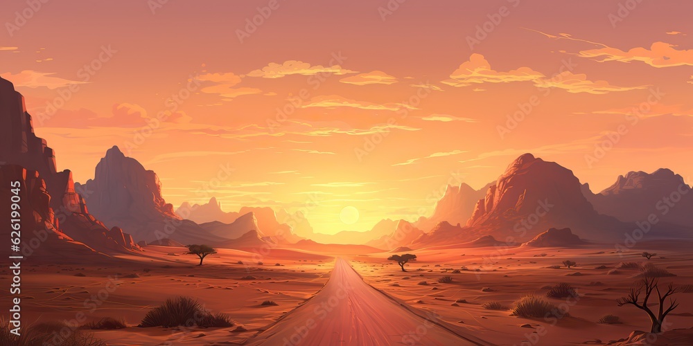 Fototapeta premium AI Generated. AI Generative. Outdoor nature wild wind sand road on desert landscape background. Adventure travel journey road trip vibe
