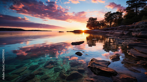 A tranquil coastal lagoon at sunset, the surface of the water reflecting the vibrant colors of the sky. © GraphicsRF