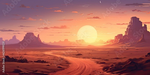 AI Generated. AI Generative. Outdoor nature wild wind sand road on desert landscape background. Adventure travel journey road trip vibe. Graphic Art