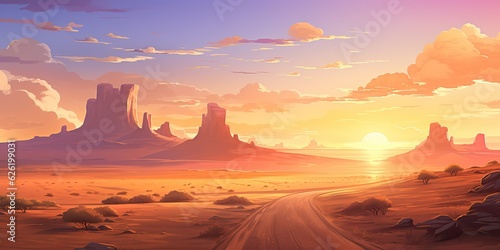 AI Generated. AI Generative. Outdoor nature wild wind sand road on desert landscape background. Adventure travel journey road trip vibe. Graphic Art