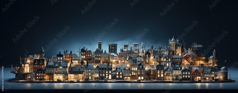 a little village during night in an miniature model - obrazy, fototapety, plakaty 