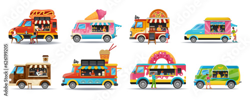 Food truck. Street van. Fairground cars for selling donuts and fruit smoothies. Coffee restaurant. Fastfood cafe. Pizza or ice cream automobile shop. Vector takeaway snack auto stores set