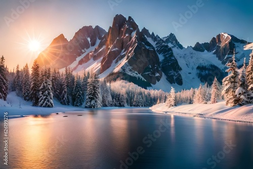 sunrise over the lake genreated by AI technology photo