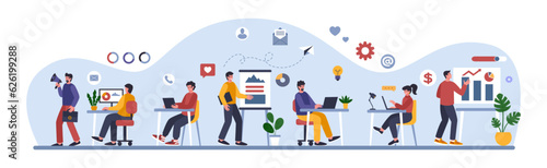 Office work. Employees at laptops. Business presentation. People sitting at desks. Company management. Team communication. Report analytics. Managers call or send mails. Vector concept