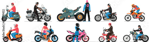 Motorcycle drivers. Transportation by bike. Motor scooter. Man or woman on motorbike. Delivery on moped. People drive transport. Bikers race. Motorcyclists set. Vector cartoon illustration