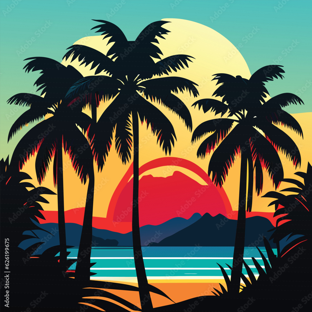 Vector T-shirt Design Palm Trees in the beach. Vector Illustration.