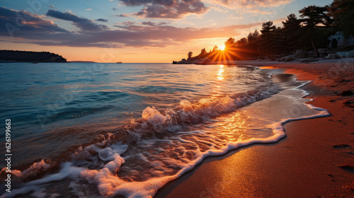 A captivating coastal scene with a pristine sandy beach, the calm sea reflecting the colors of a spectacular sunrise.