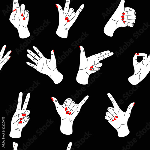 Doodle hands pattern. Seamless texture with divers male and female arms showing different gestures. Ok or victory finger poses. Contemporary print. Gesturing clipart. Vector background