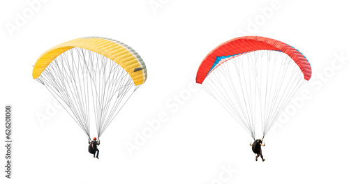 collection, Bright colorful parachute on white background, isolated. Concept of extreme sport, taking adventure challenge.